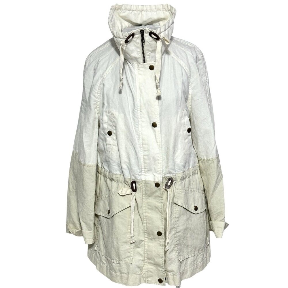 Ann Taylor Loft Womens Hooded Parka Jacket M White/Beige Cotton & Linen